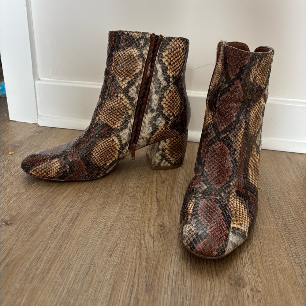 Dolce Vita Snake-Print Ankle Boots in Brown and Tan